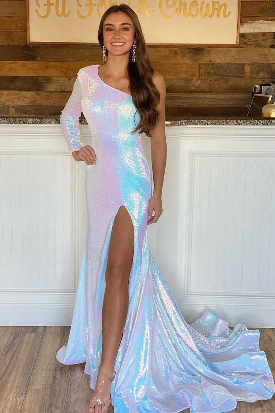 Modern One Shoulder Long Sleeves Mermaid Prom Dress Sequins With Split