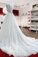 Elegant A-line V-neck Tulle Wedding Gowns with Eye-catching White Lace Ruffles