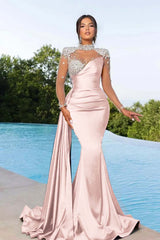 Purple Prom Dress Long Mermaid Satin With Trail Beadings Long Sleeves