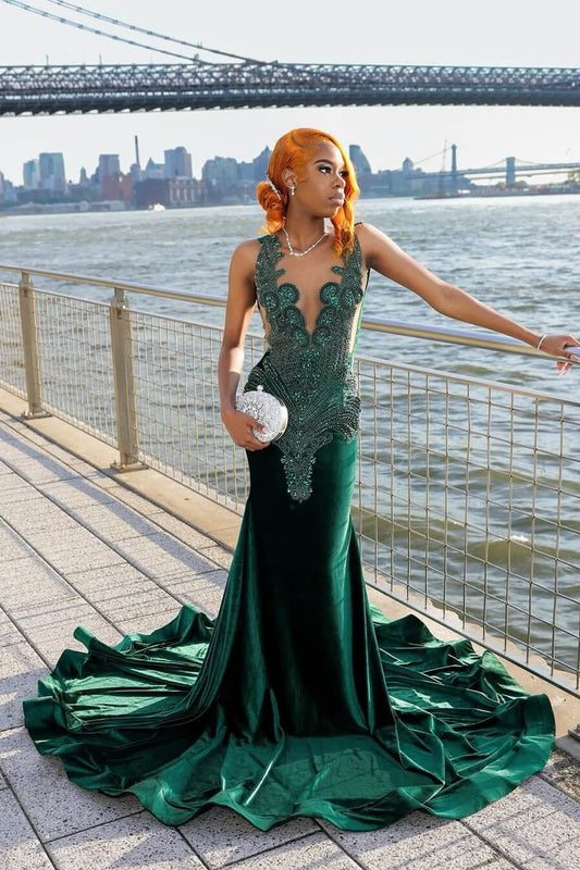 Stunning Emerald Green Mermaid Prom Dress Long Beadings On Sale Sleeveless