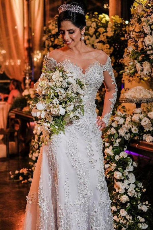Elegant Off-the-Shoulder Mermaid Wedding Gown with Lace Appliques and Long Sleeves