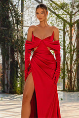 Red Prom Dress Half Sleeves Off-The-Shoulder With Slit Pleated Gloves