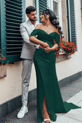 Charmeuse Wedding Gown Featuring an Off-The-Shoulder Neckline and Side Split