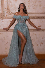 Charming Off-the-Shoulder Sequins Long Prom Dress Slit With Ruffles