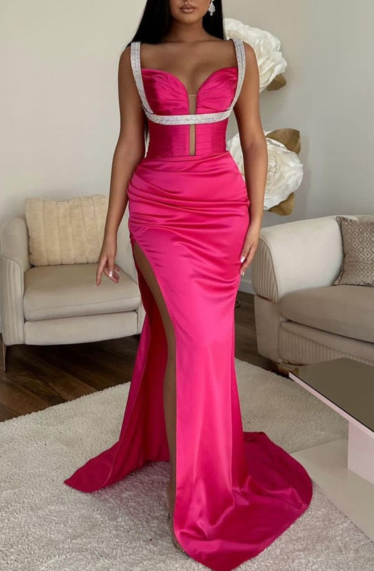 Fuchsia Mermaid Prom Dress Spaghetti Strap With High Slit V Neck Sleeveless