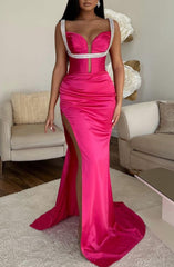 Fuchsia Mermaid Prom Dress Spaghetti Strap With High Slit V Neck Sleeveless