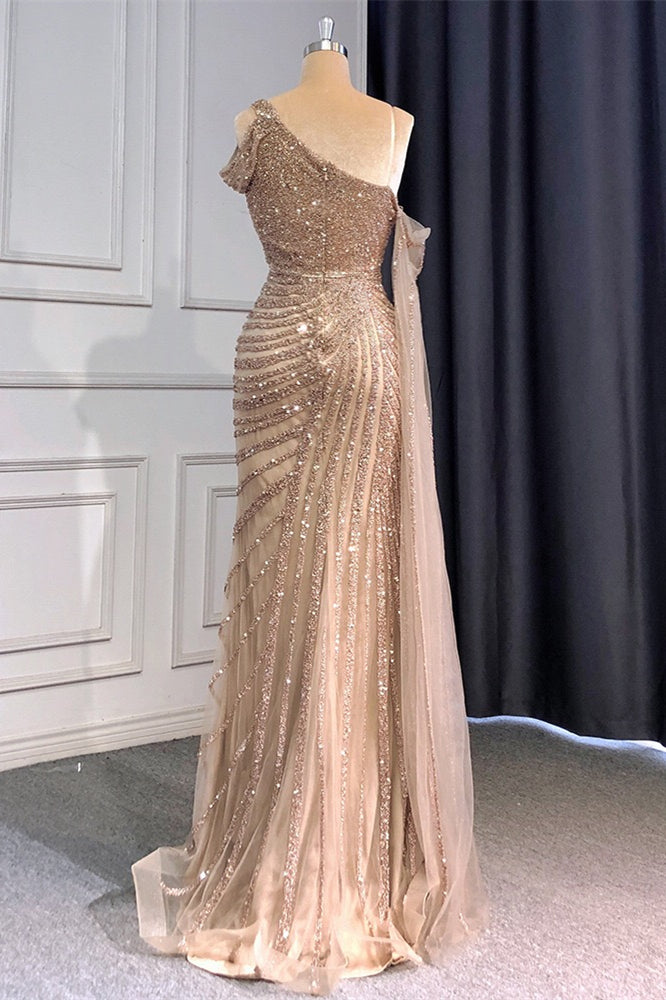 Gorgeous One Shoulder Mermaid Prom Dress Sequins Beadings Split With Ruffle