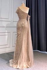 Gorgeous One Shoulder Mermaid Prom Dress Sequins Beadings Split With Ruffle