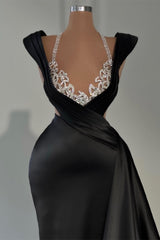 New Arrival Black V-Neck Sleeveless Mermaid Prom Dress Beaded Ruffles
