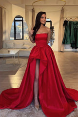 Modern Red Strapless Prom Dress Split Long On Sale