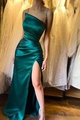 New Arrival Emerald Green Sleeveless Mermaid Prom Dress Pleats Beaded With Split