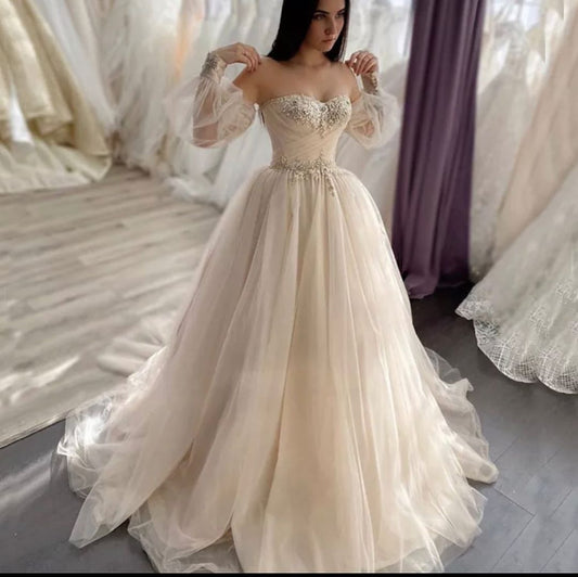 Sweetheart Romantic Lace Wedding Dress with Crystal Tulle A-Line and Long Sleeve Backless Appliques