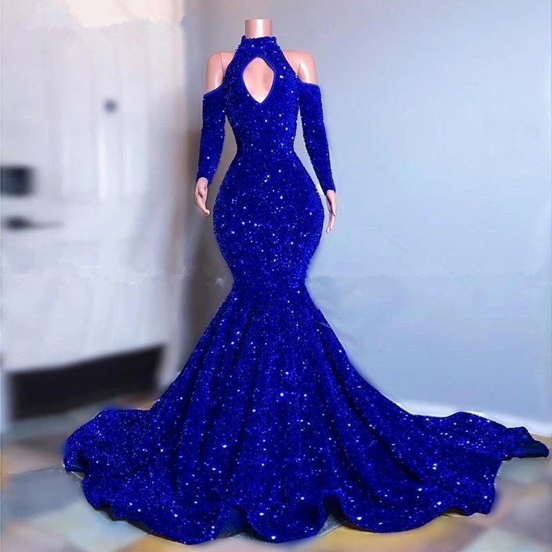Gorgeous High Neck Royal Blue Mermaid Prom Dress Sequins Long Sleeves Evening Gowns
