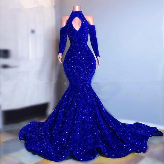 Gorgeous High Neck Royal Blue Mermaid Prom Dress Sequins Long Sleeves Evening Gowns