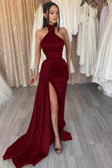 Dark Green High Neck Split Evening Dress Mermaid Beadings with Ruffles