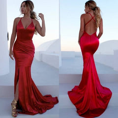 Sleeveless V-Neck Long Prom Dress Fit and Flare Side Split