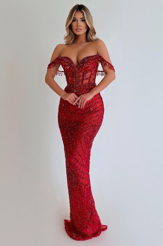 Sequins Red Prom Dress Sleeveless Strapless Long Tassel