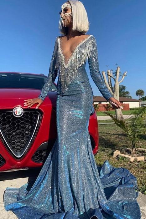 Royal Blue Prom Dress Mermaid Long Sleevess WIth Tassels