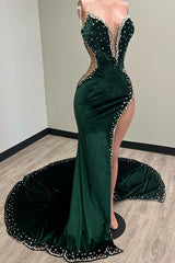Classic Sweetheart Dark Green Prom Dress Velvet Mermaid Slit With Beads