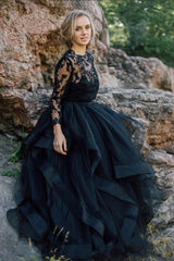 Elegant Black A-Line Wedding Dress with Bateau Neckline, Long Sleeves, and Lace Appliques