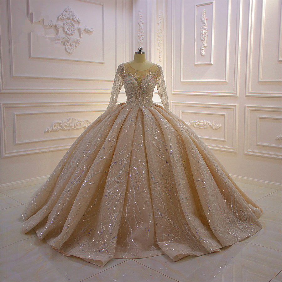 Elegant Bateau Floor-length Ball Gown with Long Sleeves and Ruffles