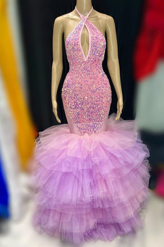 Classy Pink Halter Prom Dress Mermaid Sequins Sleeveless With Ruffle