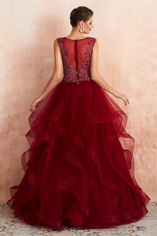New Arrival Burgundy V-Neck Prom Dress Tulle Long With Beads Online