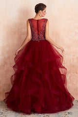 New Arrival Burgundy V-Neck Prom Dress Tulle Long With Beads Online