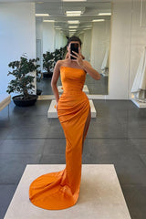 Charming Strapless Sleeveless Mermaid Prom Dress Long Split Pleated
