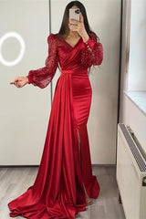 Classy Long Sleeves V-Neck  Mermaid Prom Dress Long With Ruffles Sequins