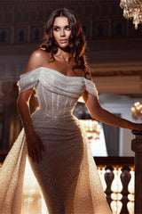 Classic Off-the-Shoulder Sequins Prom Dress Mermaid Long Overskirt