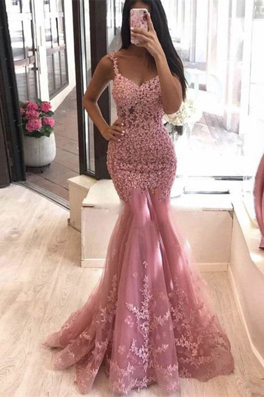 Beautiful Sleeveless Mermaid Dusty Rose Prom Dress With Lace Appliques