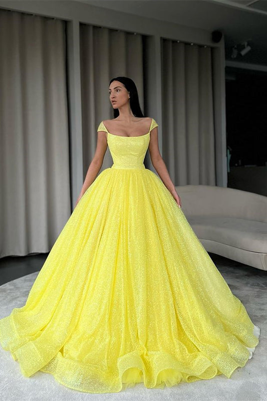 Classy Ball Gown Daffodil Prom Dress Sequins Long Off-the-Shoulder
