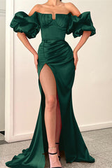 Fuchsia Strapless Off-the-Shoulder Puff Sleeves Mermaid Evening Dress with Split