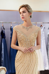 New Arrival Cap Sleeve Mermaid Prom Dress Long With Beads Crystals