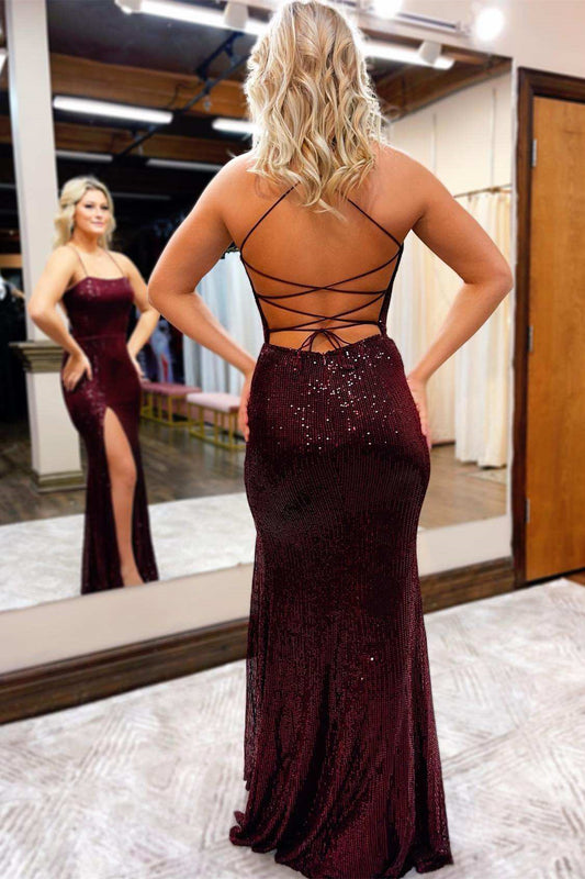 Beautiful Spaghetti Straps Evening Dress With Sequins Slit