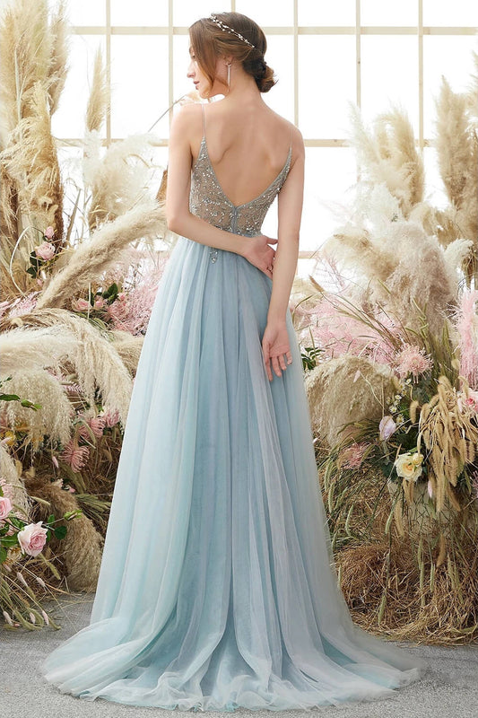 Gorgeous Dusty Blue V-Neck Spaghetti-Straps Prom Dresses Tulle Slit With Beadings