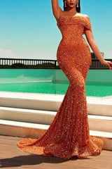 Classy Orange Off-the-Shoulder Prom Dress Mermaid With Sequins Beads