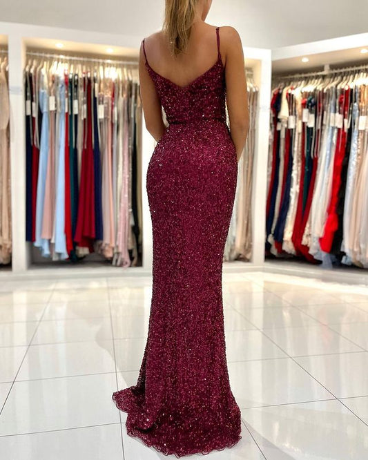Stunning Spaghetti-Straps Sequins Prom Dress Mermaid Slit Party Gowns