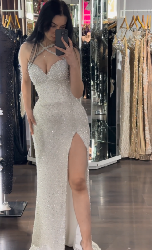 New Arrival White Halter Pearls Prom Dress Mermaid High Split With Sequins