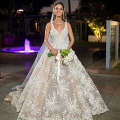 Elegant V-Neck Lace A-Line Long Wedding Dress with Floral Details