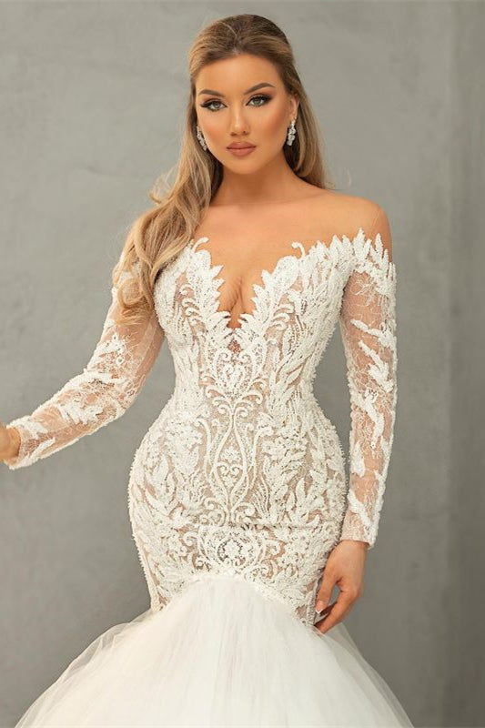 V-Neck Long Sleeve Mermaid Wedding Gown with Lace and Tulle