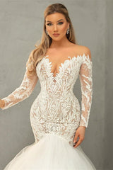 V-Neck Long Sleeve Mermaid Wedding Gown with Lace and Tulle