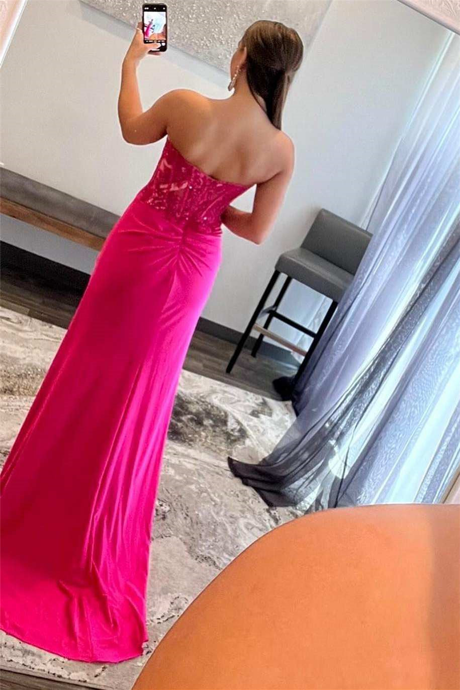 Fuchsia Sweetheart Prom Dress Mermaid Split Long With Lace Appliques