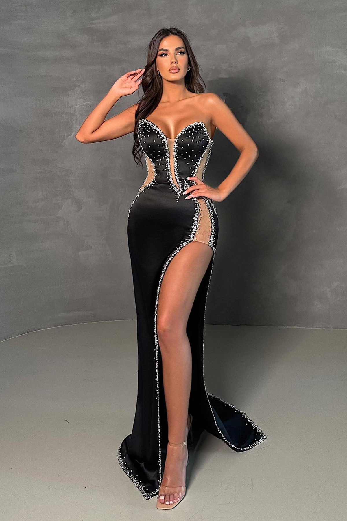Chic Black Sweetheart Sleeveless Mermaid Prom Dress Beadings With Split