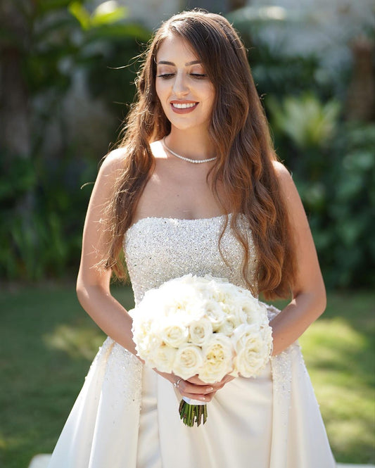 Strapless Sleeveless White Long Wedding Dress with Slit and Sequins