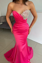 New Arrival Fuchsia Sweetheart Sleeveless Mermaid Prom Dress Pleats Beadings