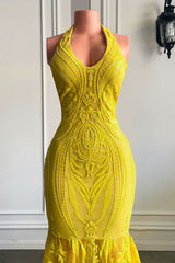Charming Lemon Yellow V-Neck Sleeveless Prom Dress Mermaid Lace Sequins Long