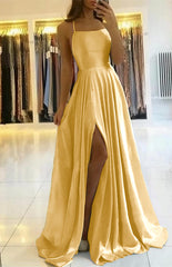  Sage Green Spaghetti-Straps Prom Dress Long Pleated with Slit