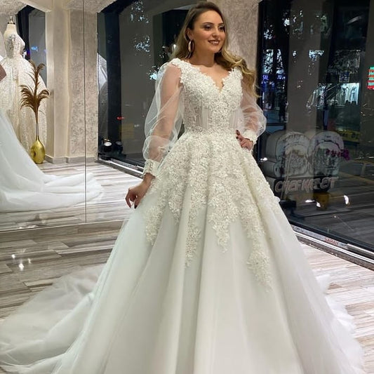 Elegant V-neck Lace Appliques Tulle A-Line Bridal Gown Featuring Puffy Long Sleeves
